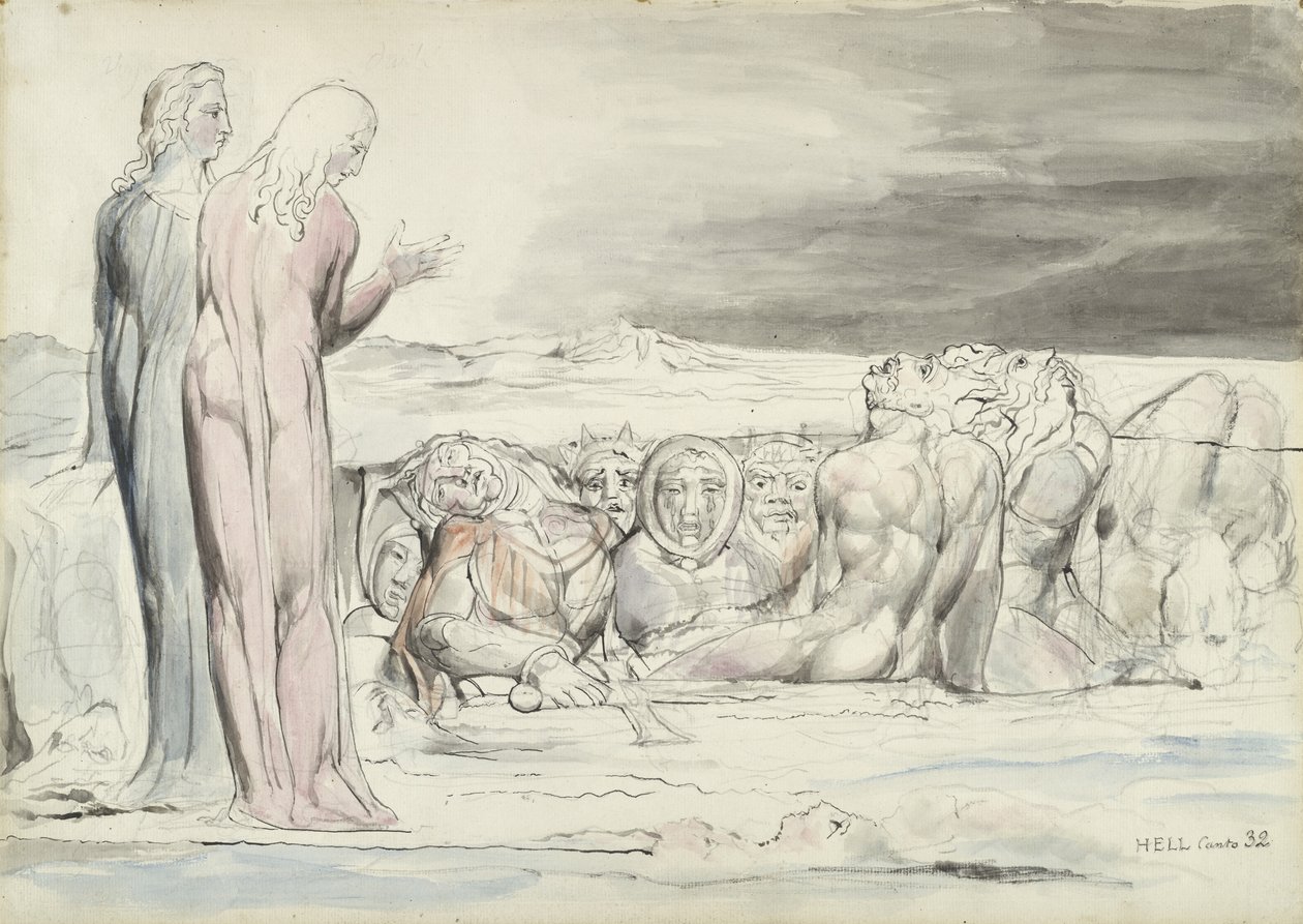 The Circle of Traitors: Alberti Brothers, illustration till den gudomliga komedin av Dante Alighieri, 1824-27 (penna och bläck med wc över penna och krita på papper) av William Blake