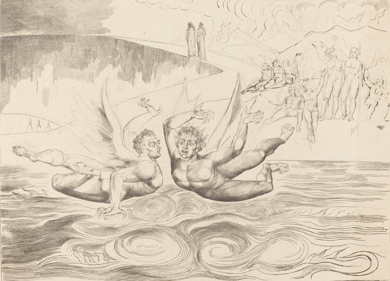Cirkeln av de korrupta tjänstemännen, djävlarna som masar varandra, 1827. av William Blake