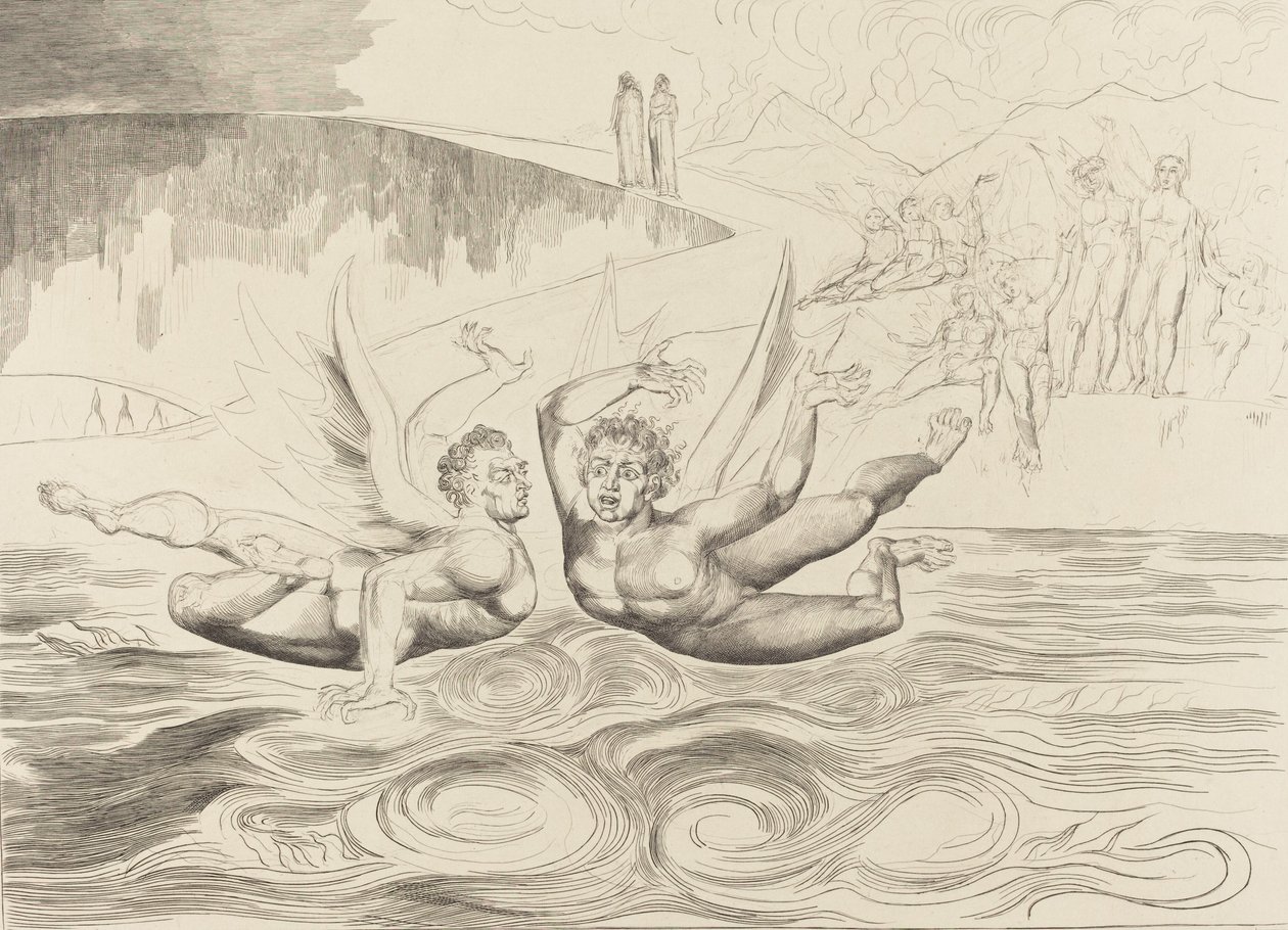 Cirkeln av de korrupta tjänstemännen, djävlarna som masar varandra, 1827. av William Blake