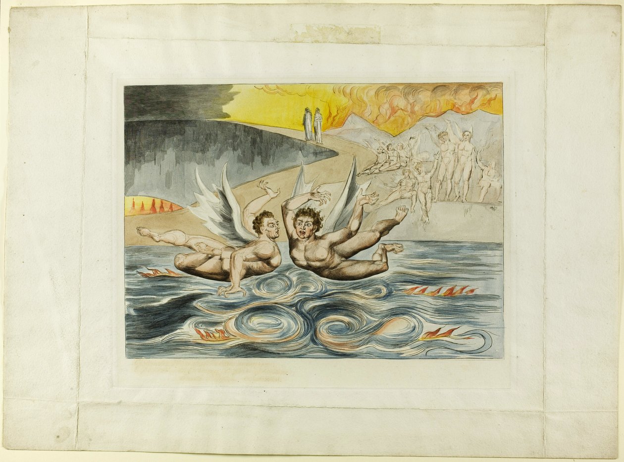 De korrupta tjänstemännens krets; djävlarna som masar varandra. Inferno, canto XXII. av William Blake
