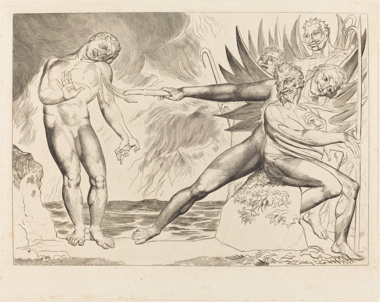 Cirkeln av de korrupta tjänstemännen, djävlarna som plågar Ciampolo, 1827. av William Blake
