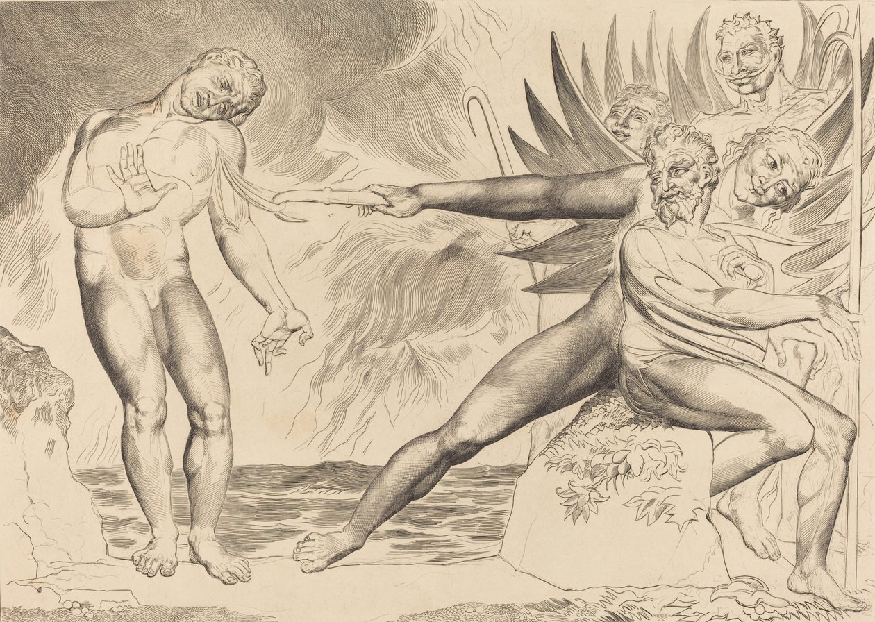 Cirkeln av de korrupta tjänstemännen, djävlarna som plågar Ciampolo, 1827. av William Blake