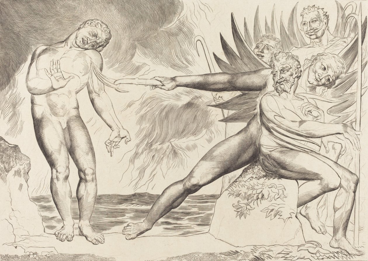 Cirkeln av de korrupta tjänstemännen, djävlarna som plågar Ciampolo, 1827. av William Blake