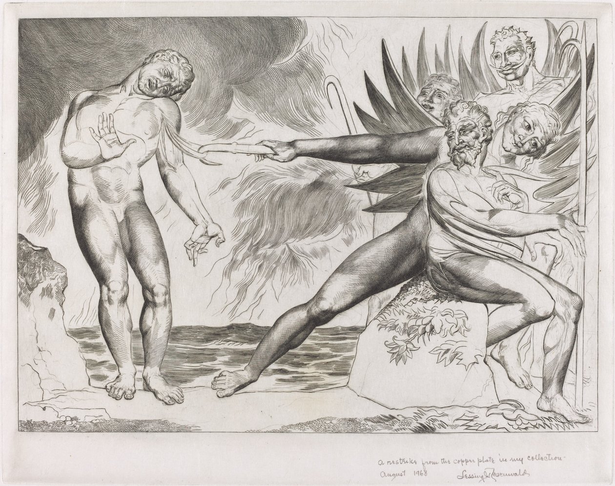 Cirkeln av de korrupta tjänstemännen, djävlarna som plågar Ciampolo, 1827. av William Blake
