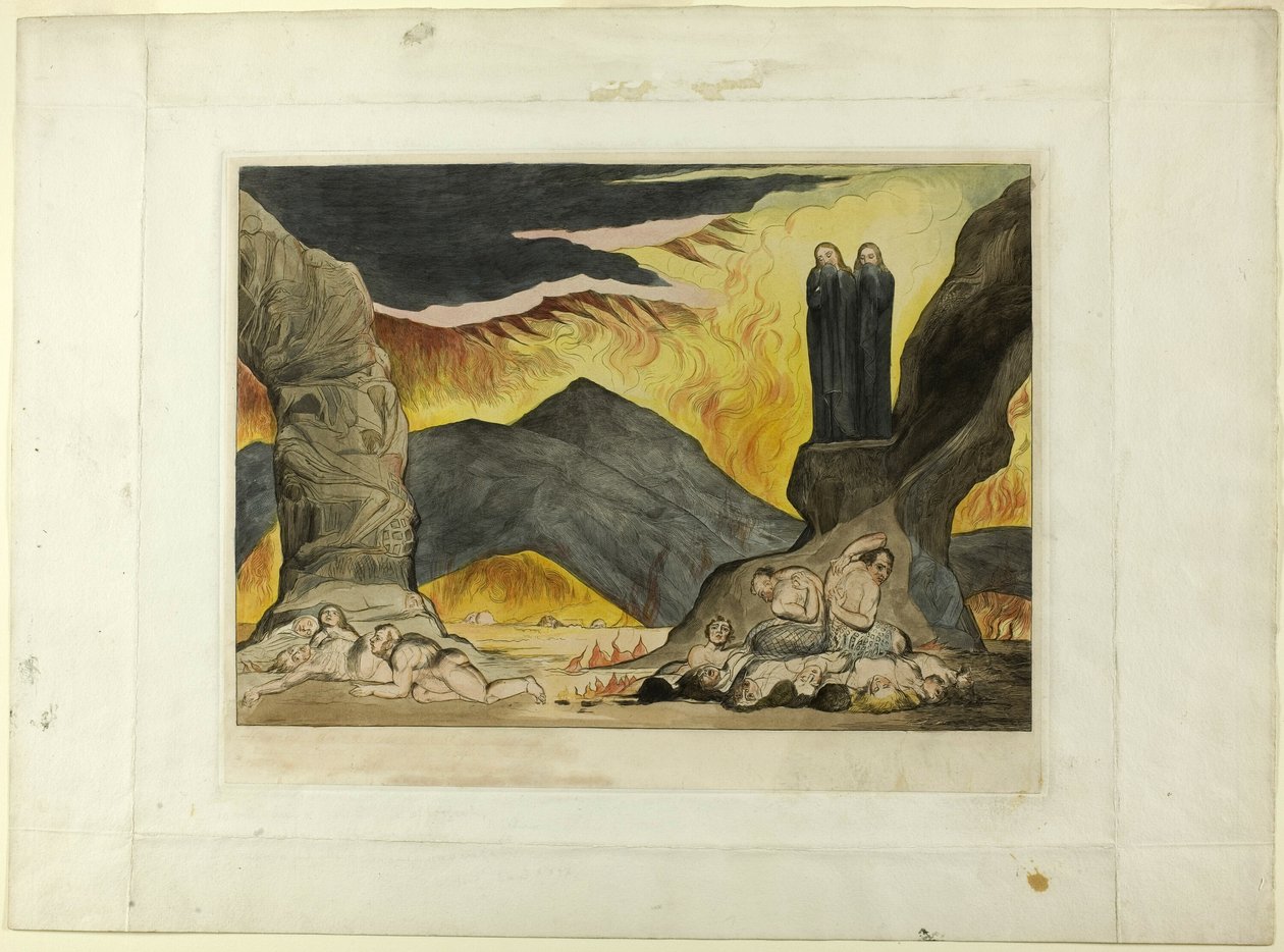 Förfalskarnas cirkel: Dante och Vergilius som täcker näsan på grund av stanken. Inferno, canto XXIX av William Blake