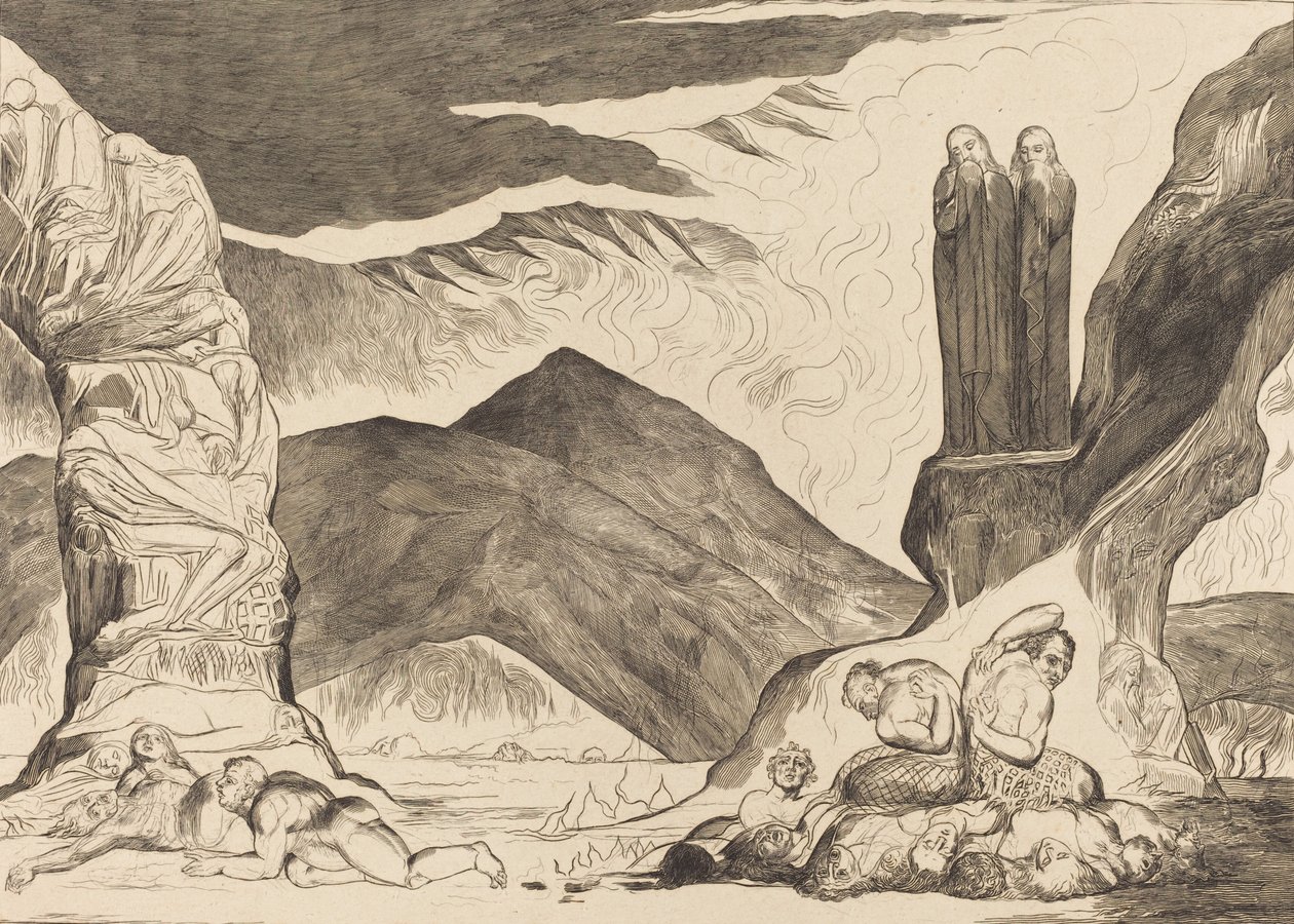 The Circle of the Falsifiers: Dante och Vergilius som täcker sina näsor på grund av stanken, 1827. av William Blake