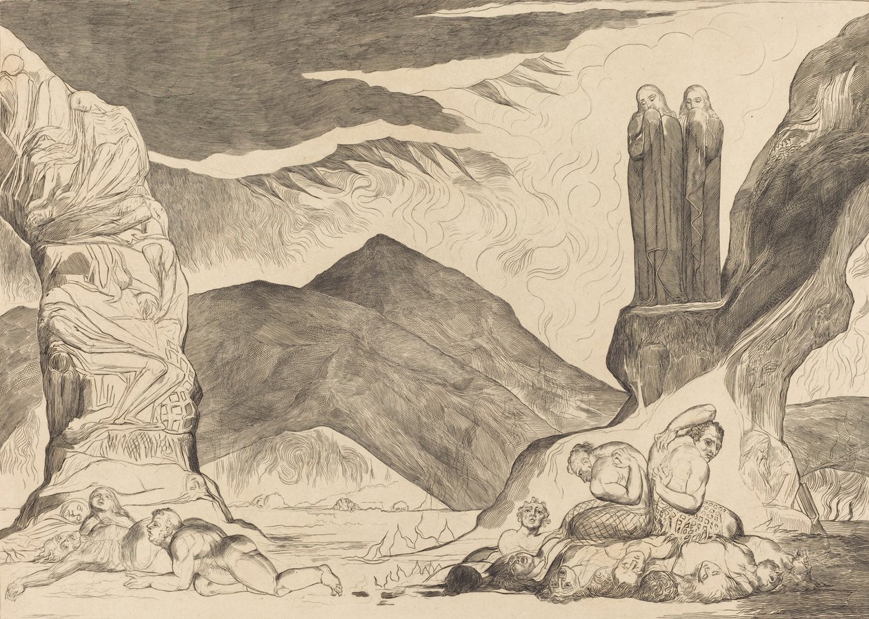 The Circle of the Falsifiers: Dante och Vergilius som täcker sina näsor på grund av stanken, 1827. av William Blake