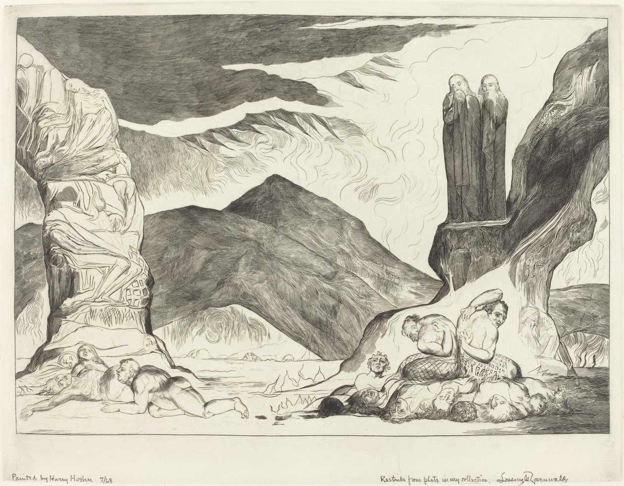 The Circle of the Falsifiers, Dante och Vergilius som täcker sina näsor på grund av stanken, 1827. av William Blake