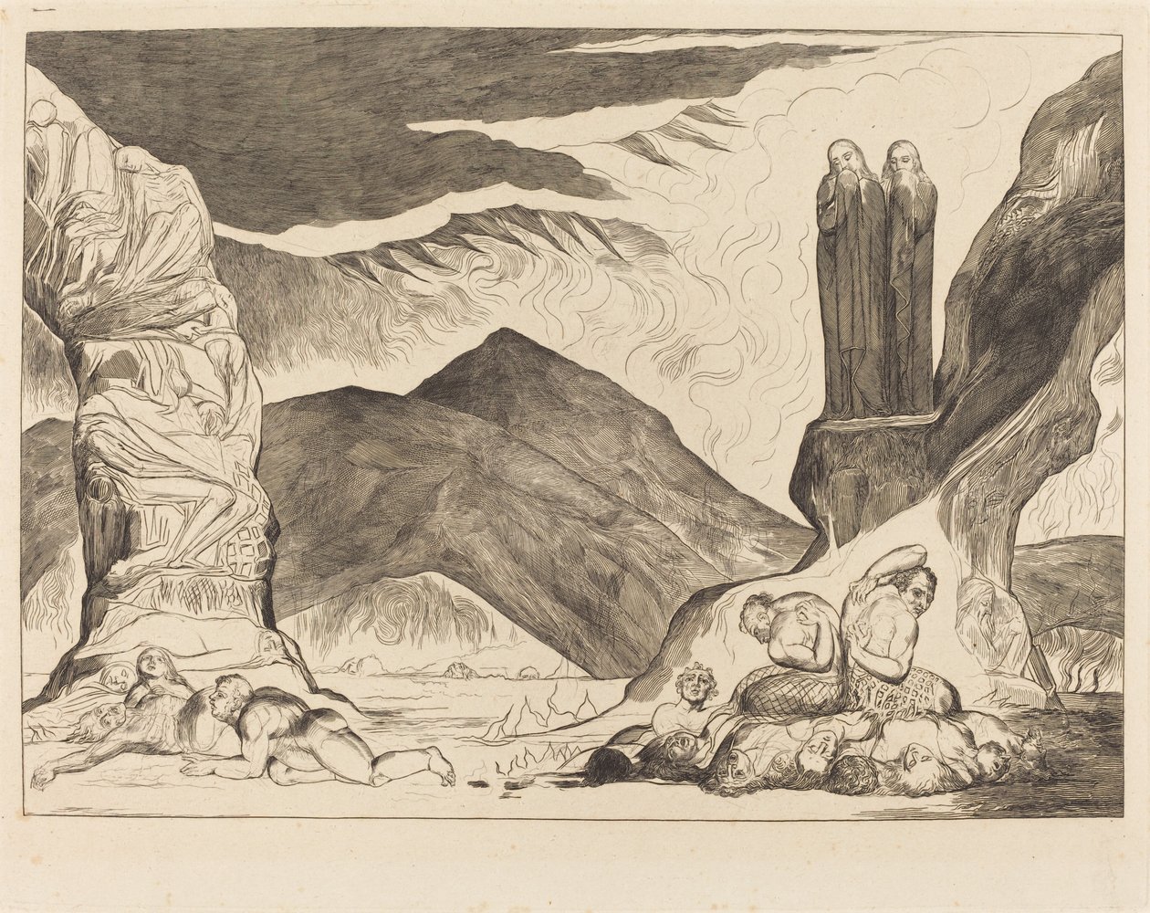 The Circle of the Falsifiers: Dante och Vergilius som täcker sina näsor på grund av st av William Blake