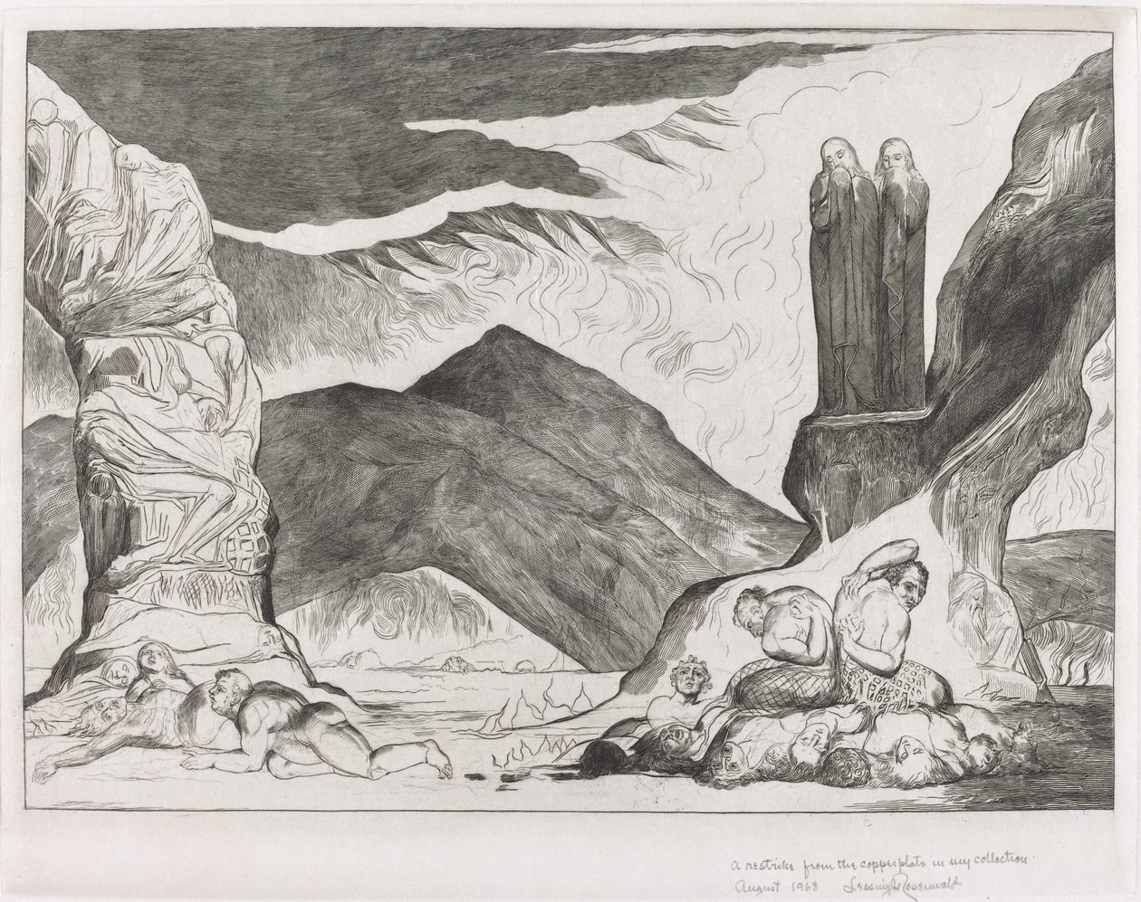 The Circle of the Falsifiers: Dante och Vergilius som täcker näsan på grund av stanken av William Blake