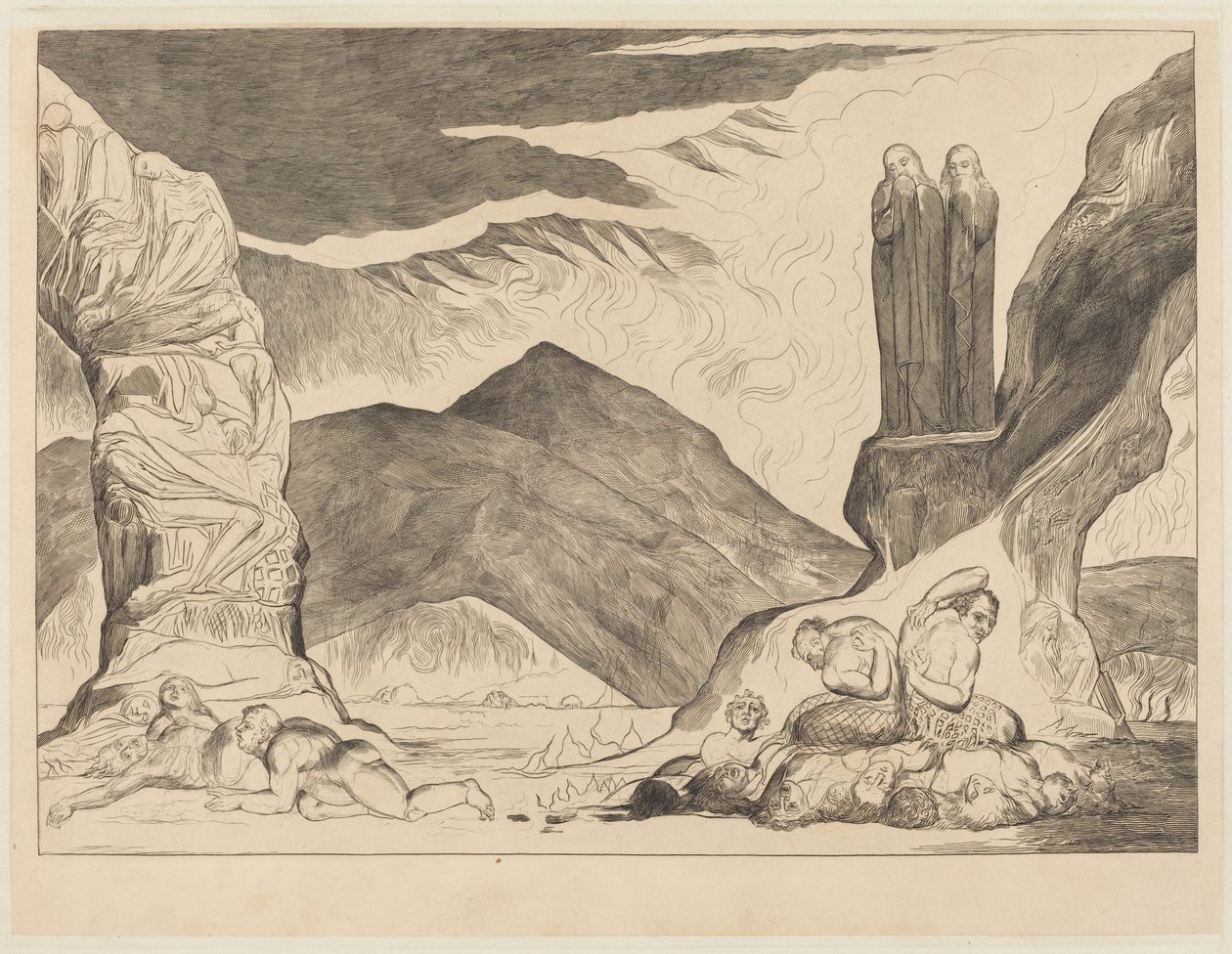 Förfalskarnas krets: Dante och Vergilius täcker för näsan på grund av st av William Blake