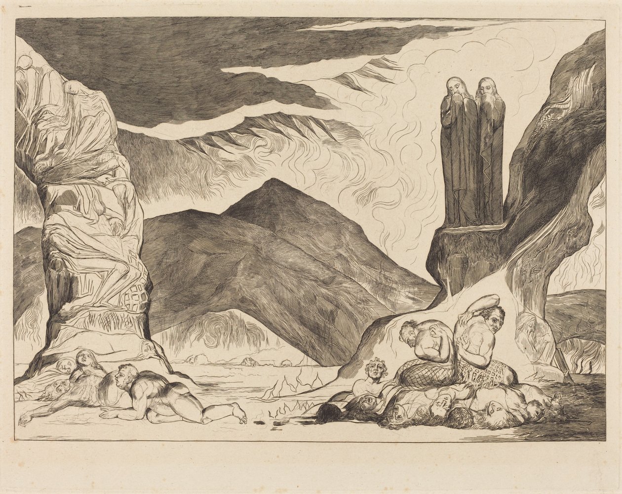 Förfalskarnas krets: Dante och Vergilius täcker sina näsor på grund av stanken av William Blake