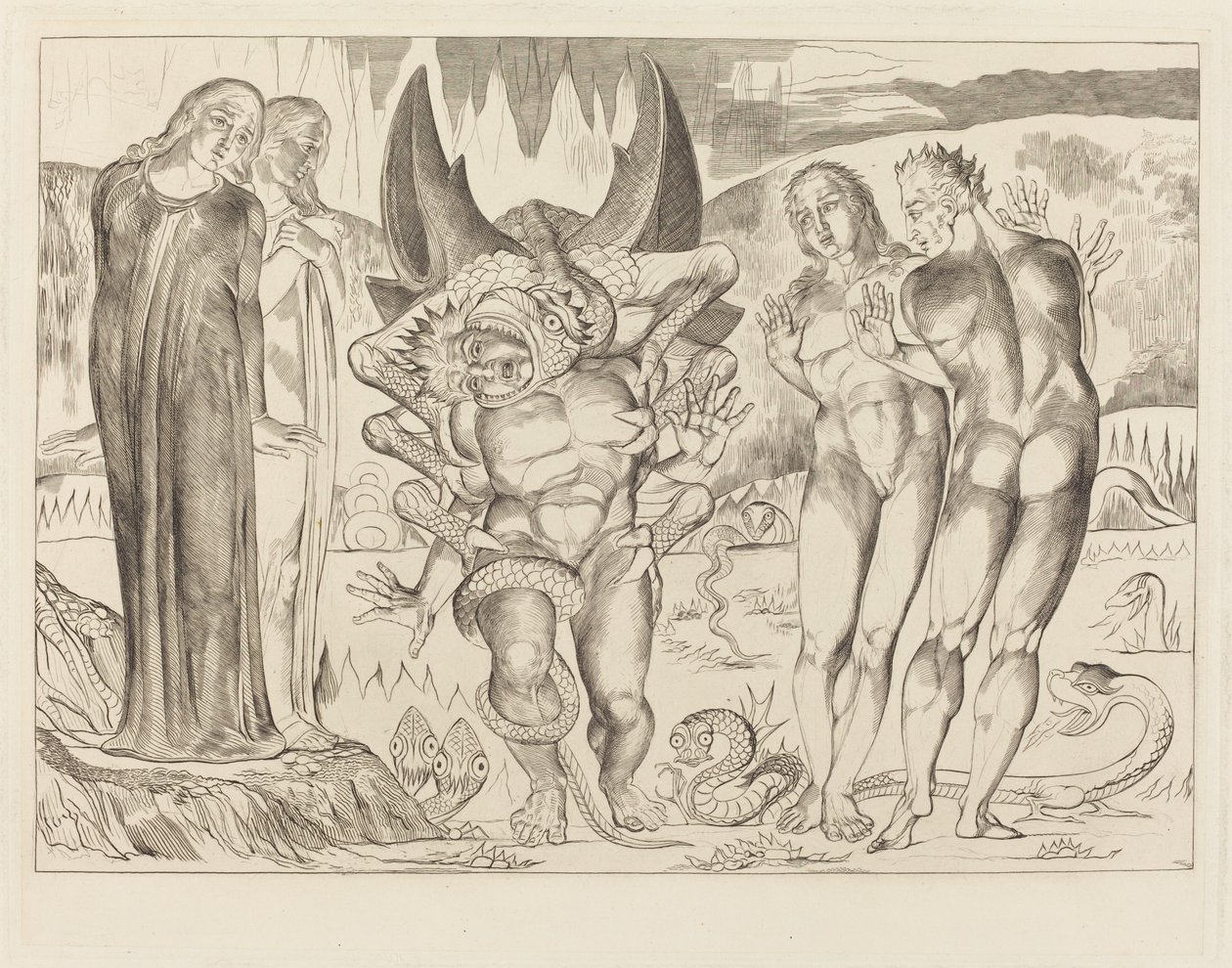 Tjuvarnas krets; Agnolo Brunelleschi attackerad av en sexfotad orm av William Blake