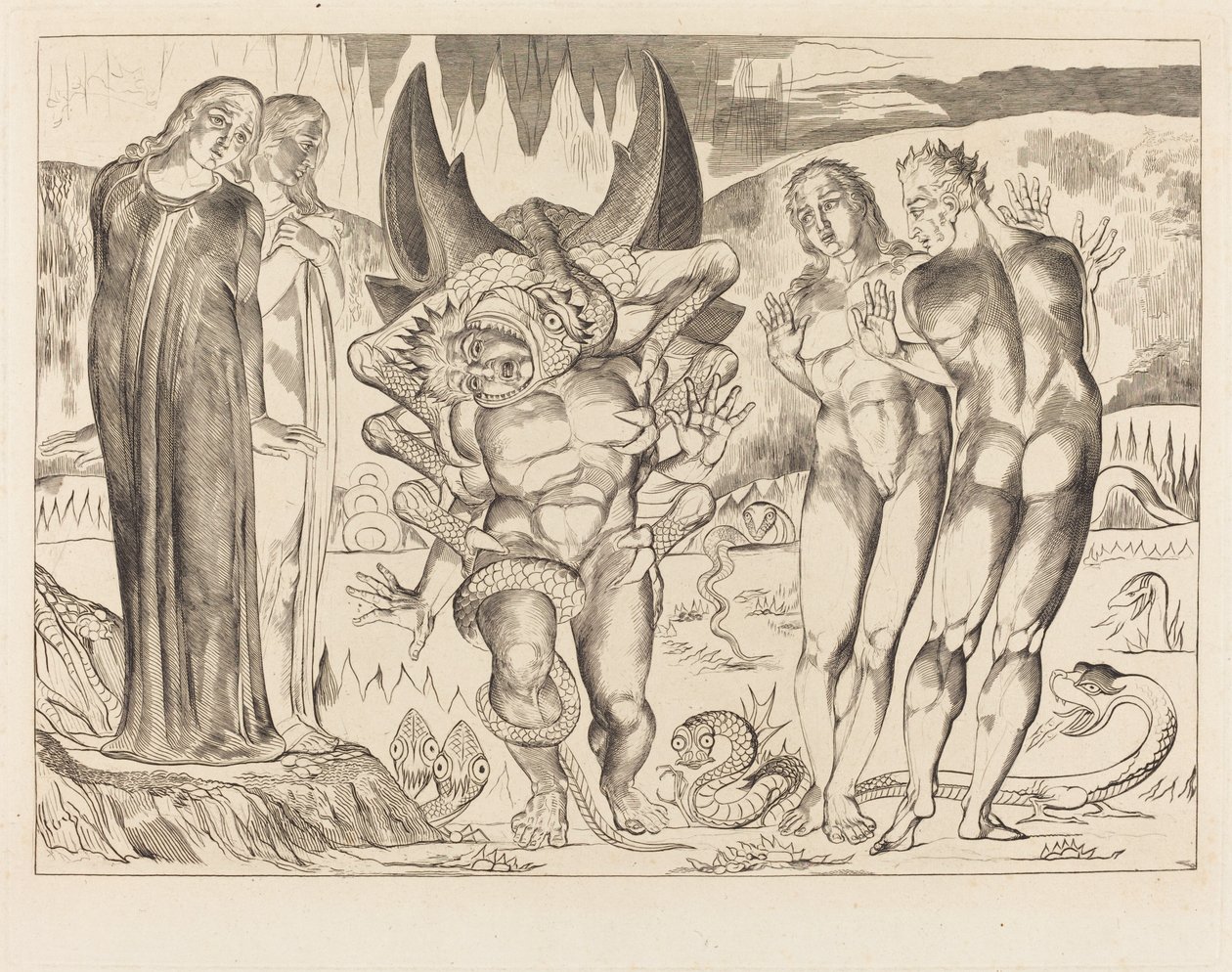 Tjuvarnas krets; Agnolo Brunelleschi attackerad av en sexfotad orm av William Blake