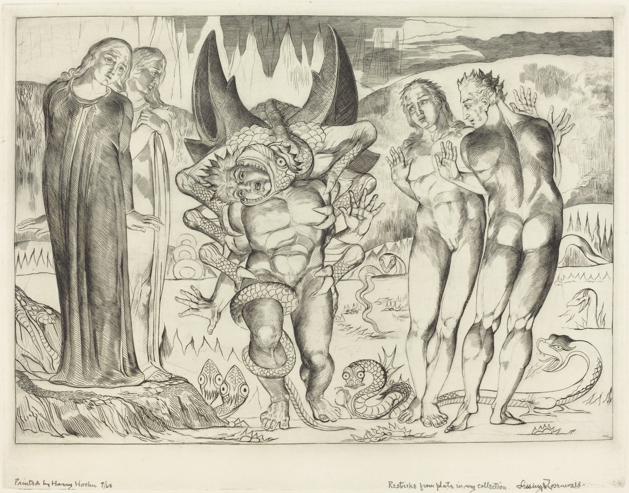 Tjuvarnas krets; Agnolo Brunelleschi attackerad av en sexfotad orm av William Blake