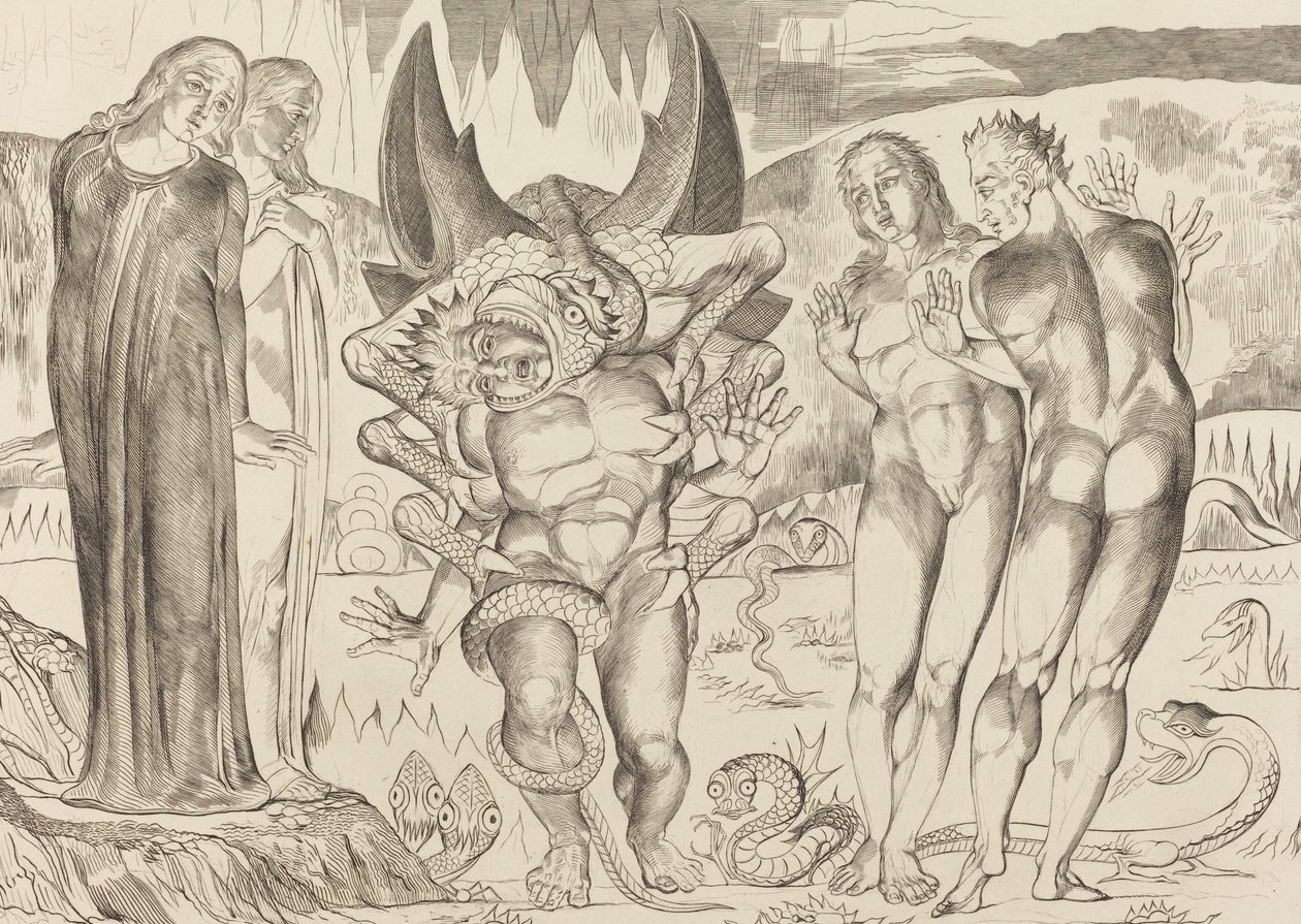 Tjuvarnas cirkel, Agnolo Brunelleschi attackerad av en sexfotad orm, 1827. av William Blake