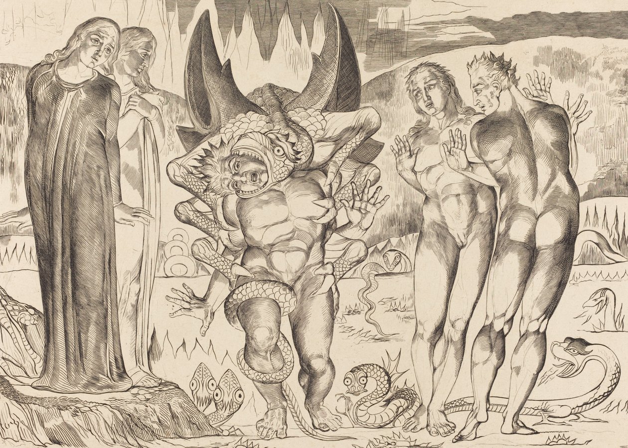 Tjuvarnas cirkel, Agnolo Brunelleschi attackerad av en sexfotad orm, 1827. av William Blake
