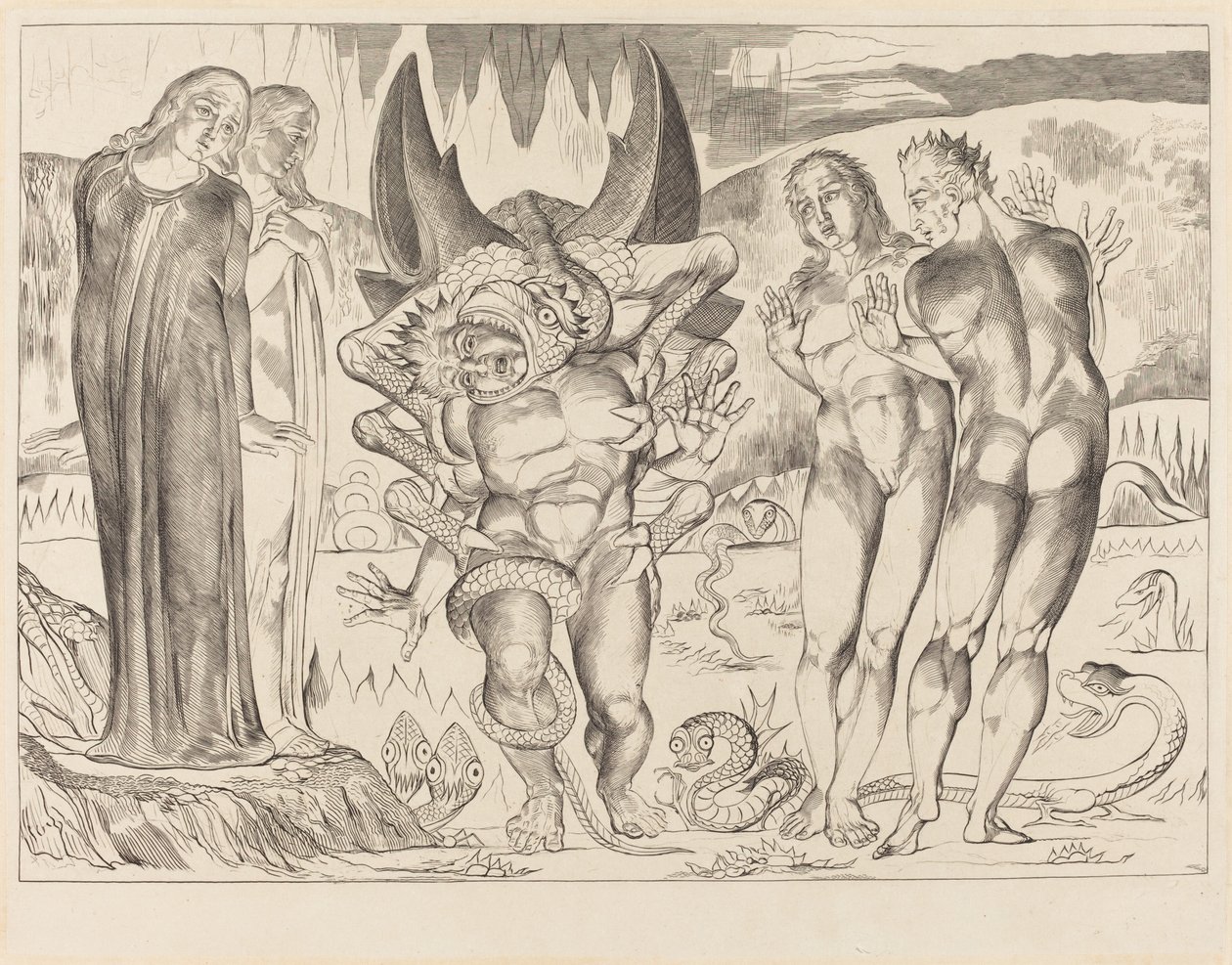 Tjuvarnas cirkel, Agnolo Brunelleschi attackerad av en sexfotad orm, 1827. av William Blake