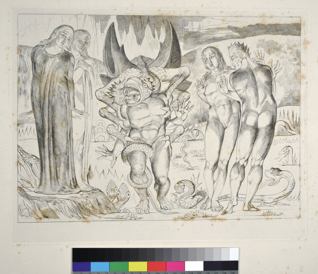 Tjuvarnas cirkel: Agnolo Brunelleschi attackerad av en sexfotad ormsinferno, Canto XXV, illustration till "Den gudomliga komedin" av Dante Alighieri av William Blake