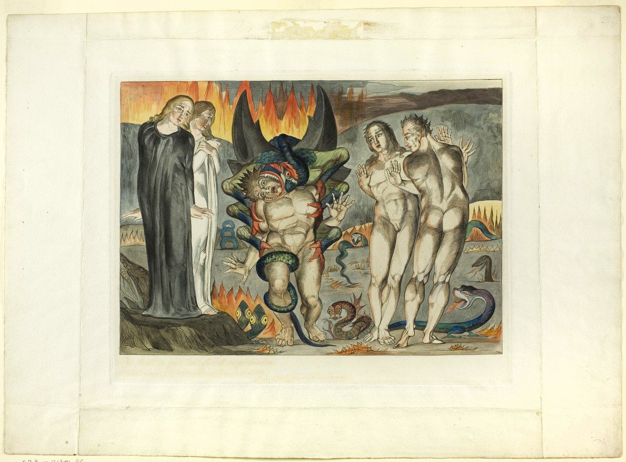 Tjuvarnas krets; Agnolo Brunelleschi attackerad av en sexfotad orm. Inferno, canto XXV av William Blake