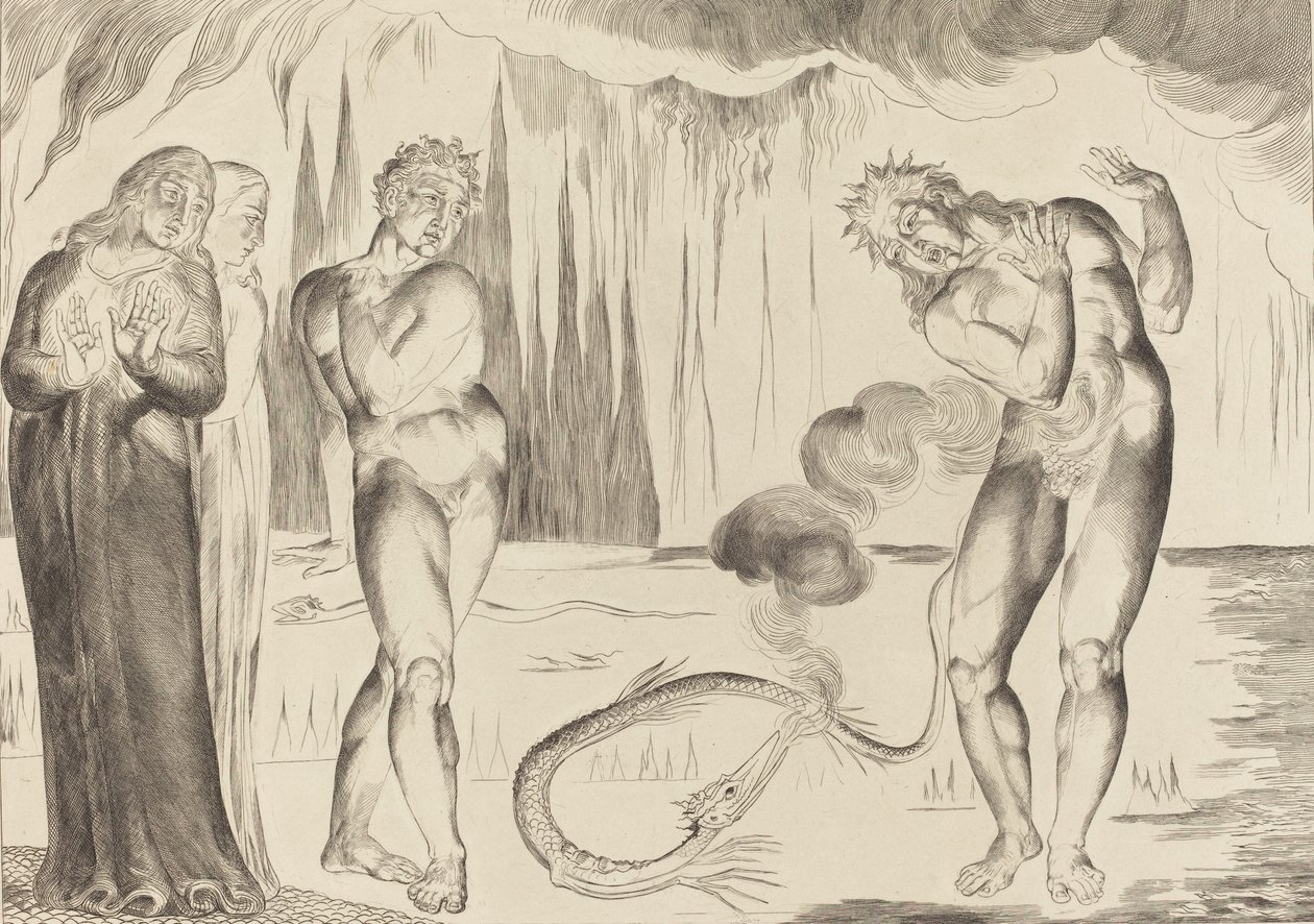 Tjuvarnas cirkel, Buoso Donati attackerad av ormen, 1827. av William Blake