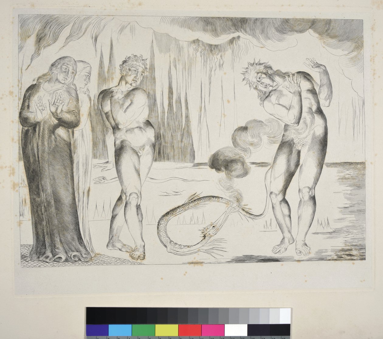 Tjuvarnas cirkel: Buoso Donati attackeras av ormen, Inferno, Canto XXV, illustration till Dante Alighieris "Gudomliga komedi", ca 1827-38 (gravyr). av William Blake