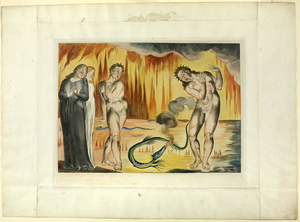 Tjuvarnas krets; Buoso Donati attackerad av ormen. Inferno, canto XXV av William Blake