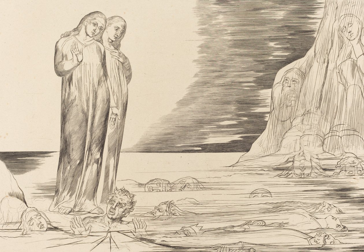 Förrädarnas cirkel, Dantes fot slår Bocca degli Abbate, 1827. av William Blake