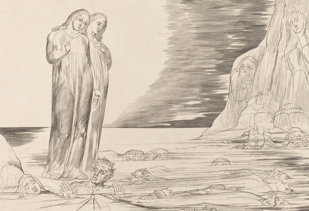 Förrädarnas cirkel, Dantes fot slår Bocca degli Abbate, 1827. av William Blake