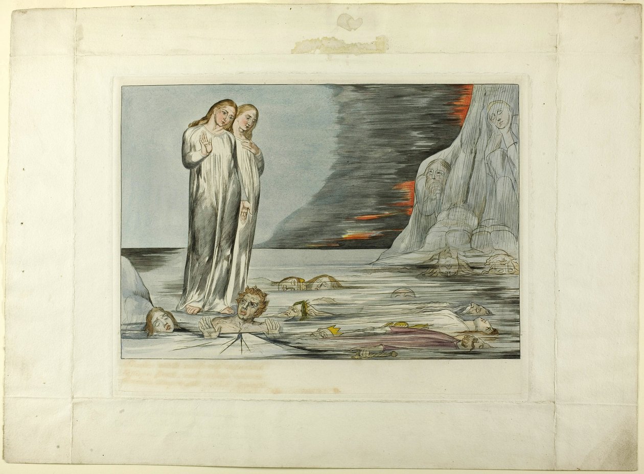 Förrädarnas cirkel; Dantes fot slår till mot Bocca degli Abbate. Inferno, vers XXXII av William Blake