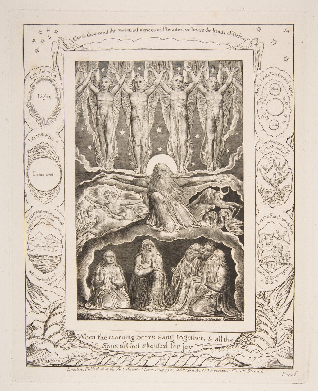 Skapelsen, från illustrationer av Jobs bok, 1825-26. av William Blake