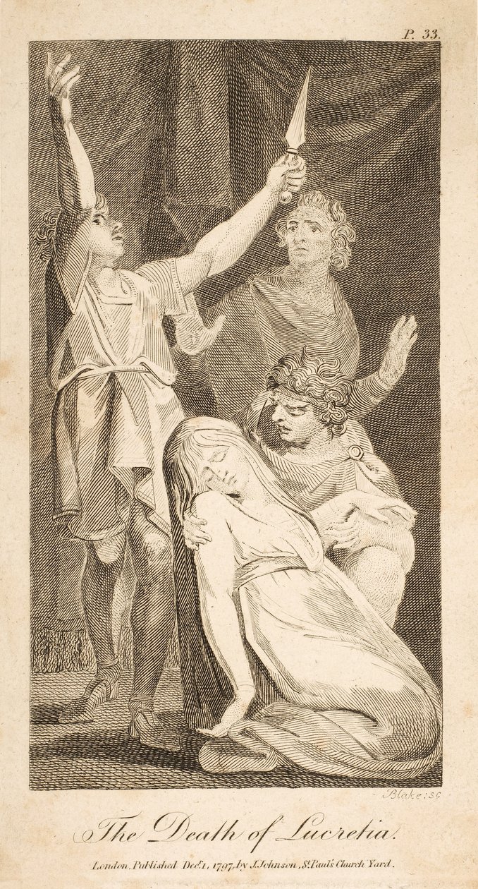 The Death of Lucretia, från Allens nya och opartiska romerska historia, pub. 1797 (gravyr) av William Blake