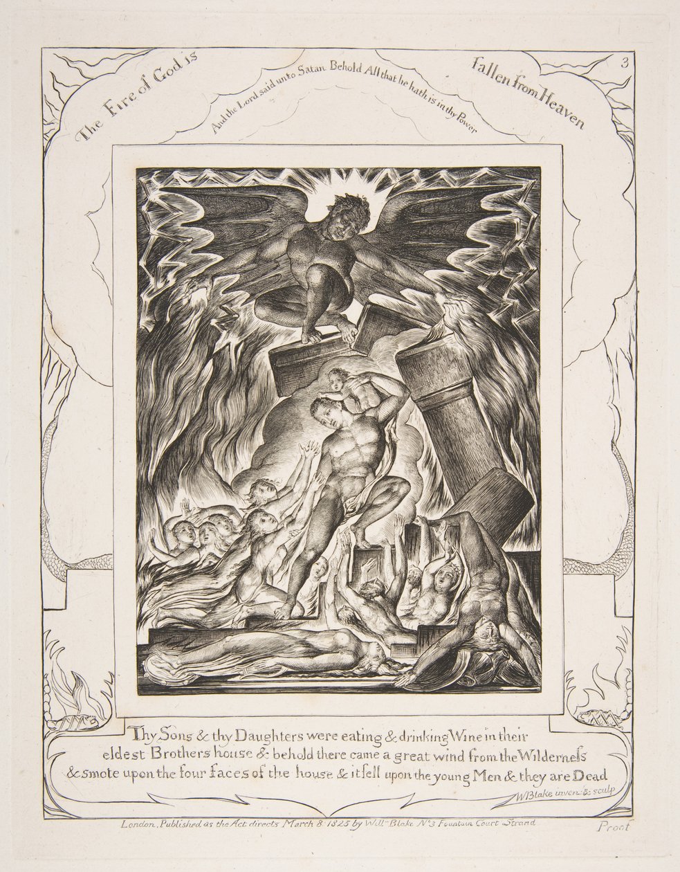 The Destruction of Jobs Sons, från illustrationer av Jobs bok, 1825-26. av William Blake
