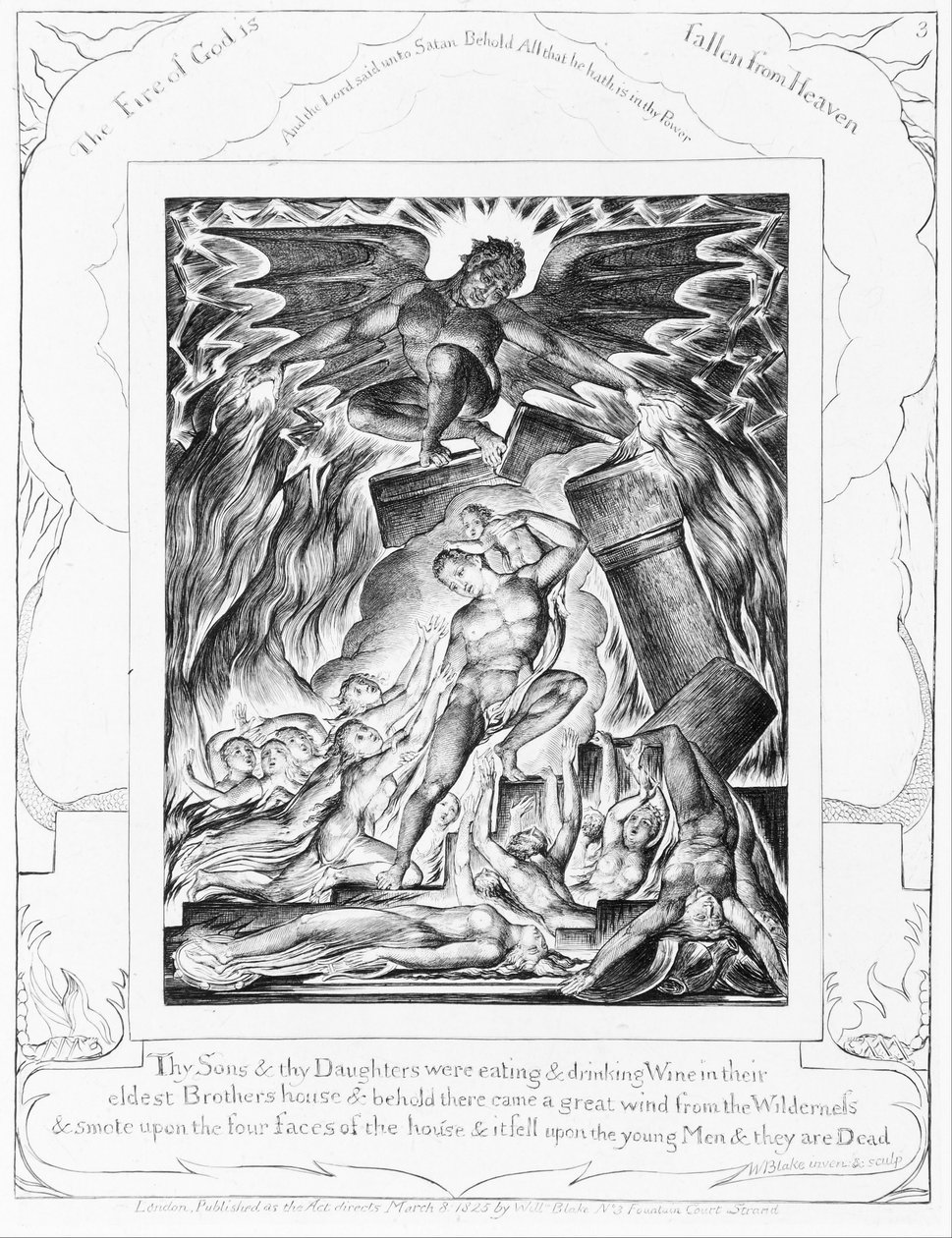 Förstörelsen av Jobs söner, plansch 3 ur ”Illustrationer till Jobs bok” av William Blake
