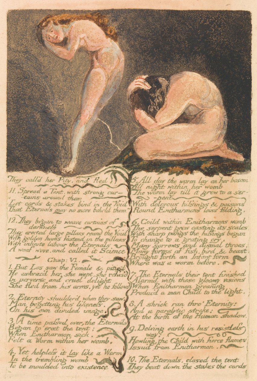 Urizens första bok, tavla 17, de kallade henne Medlidande och flydde. . . . (Bentley 19) av William Blake