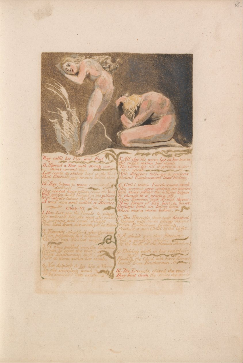 Urizens första bok, tavla 19, de kallade henne medlidande och flydde... (Bentley 19) av William Blake