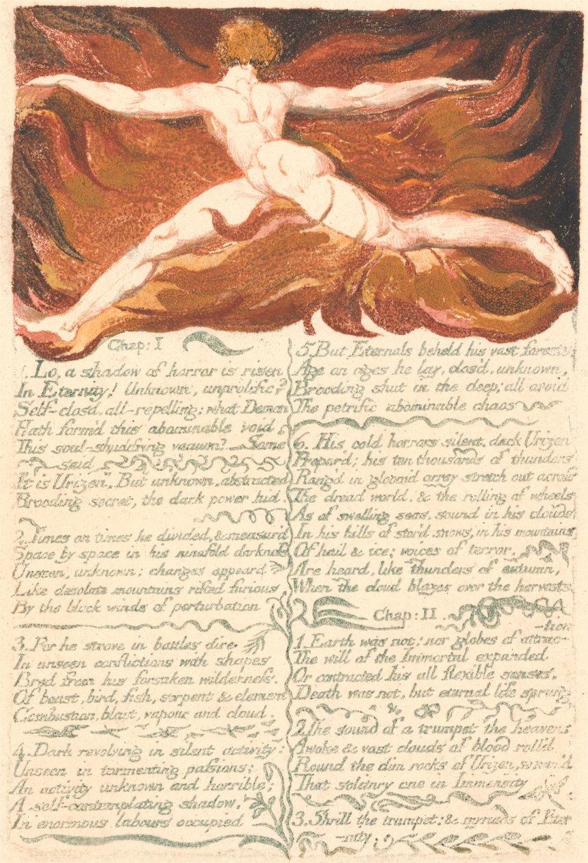 Urizens första bok, plåt 3, "Kapitel: 1 . . . ." (Bentley 3) av William Blake