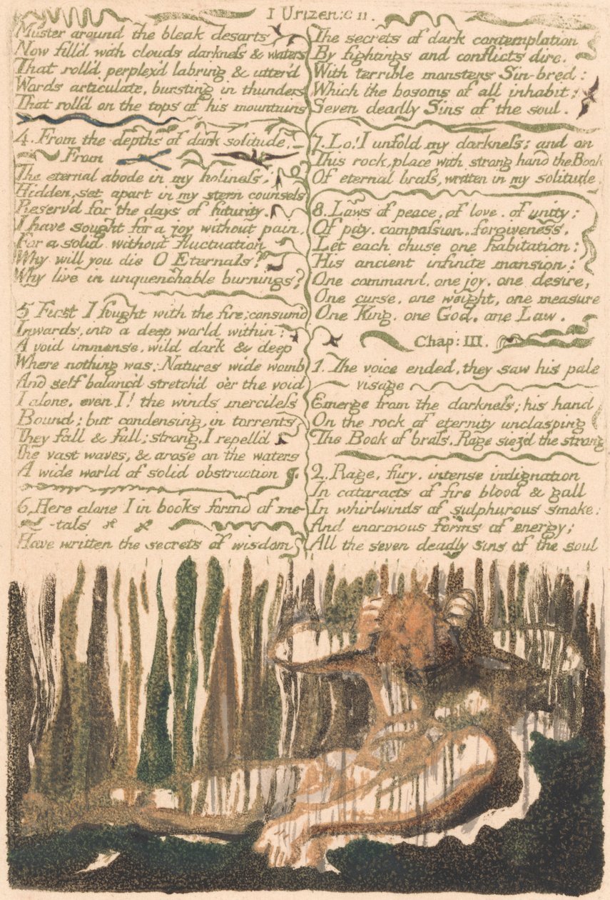 Urizens första bok, tavla 4, "Muster runt de dystra öknarna ...." (Bentley 4) av William Blake