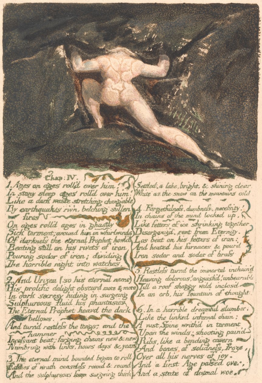 Urizens första bok, plåt 9, "Kapitel: IV | 1 Åldrar i evigheter rullade över honom ...." (Bentley 10) av William Blake