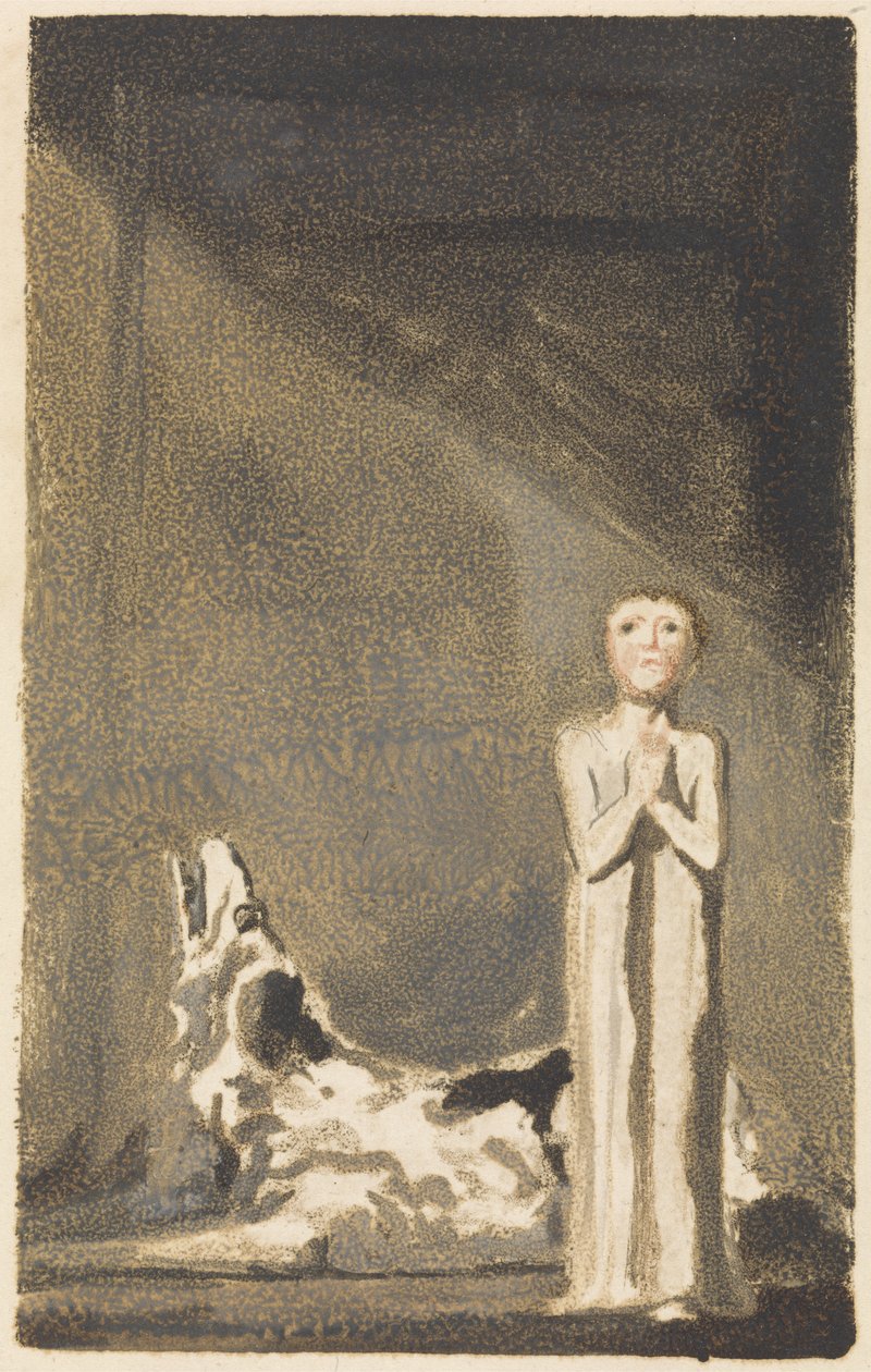 The First Book of Urizen, tallrik 24, En pojke i en lång klänning som står med knäppta händer till höger om en hund av William Blake