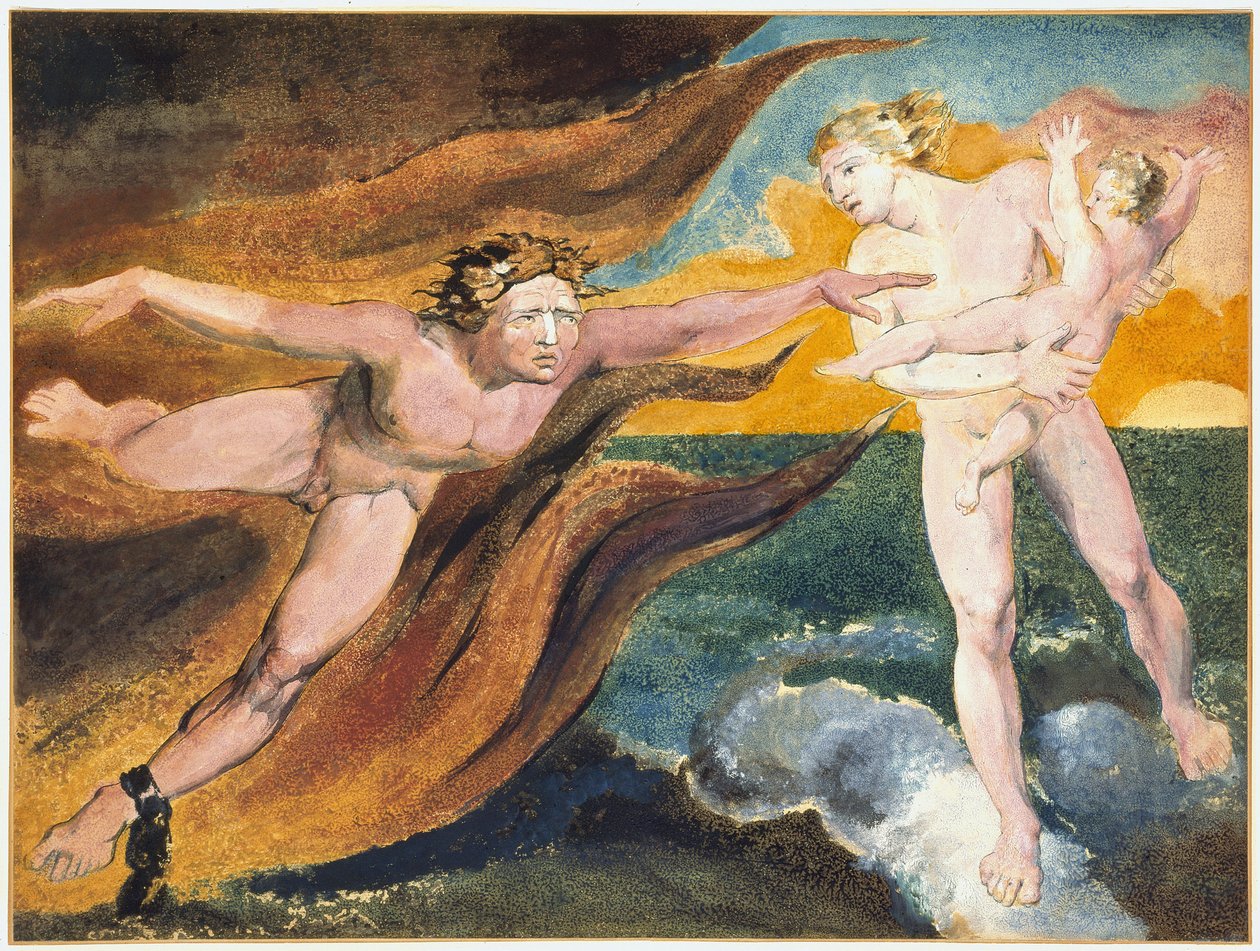 De goda och onda änglarna som kämpar för att få ett barn av William Blake (1757-1827) av William Blake