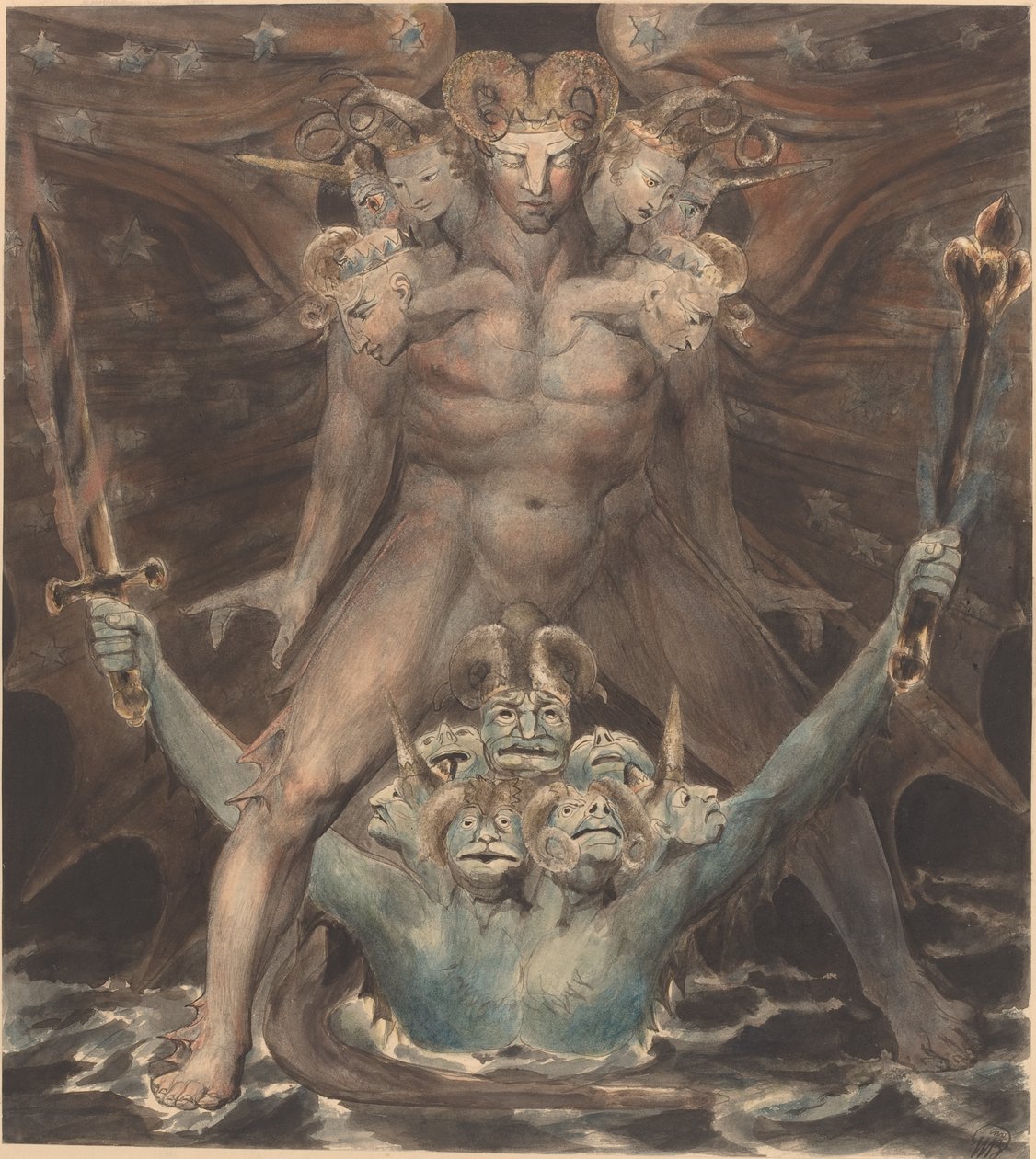 Den stora röda draken och odjuret från havet, ca 1805 (penna och bläck med akvarell över papper) av William Blake
