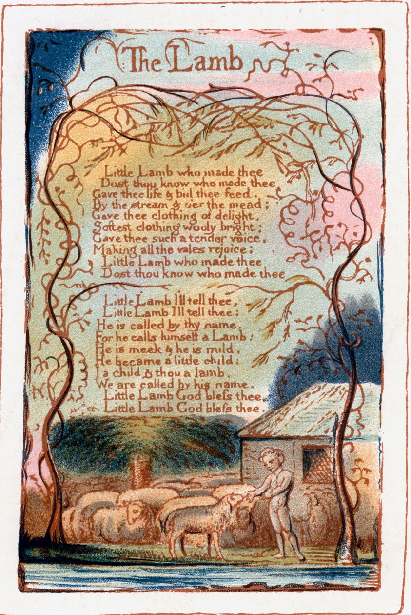 Lammet, illustration från sånger om oskuld och erfarenhet. c1770-1820 av William Blake