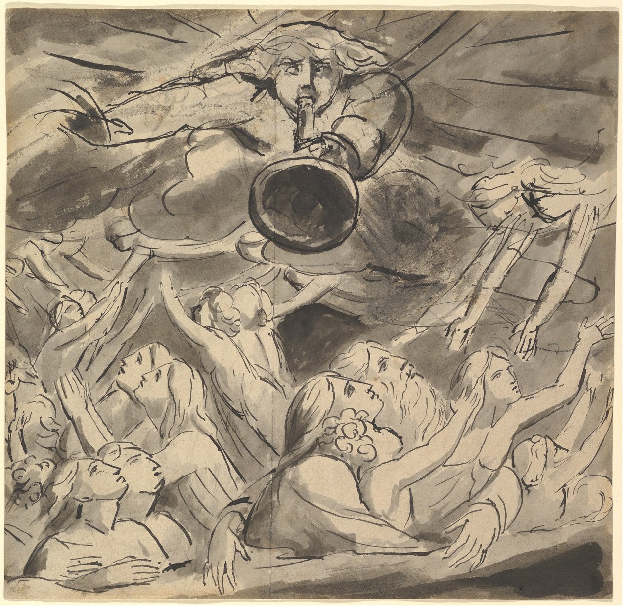 Den sista trumpeten (recto); två studier av ett högeröga, profilen av en ung man med öppen mun, huvudet av en örn och huvudet av ett lejon (verso) av William Blake