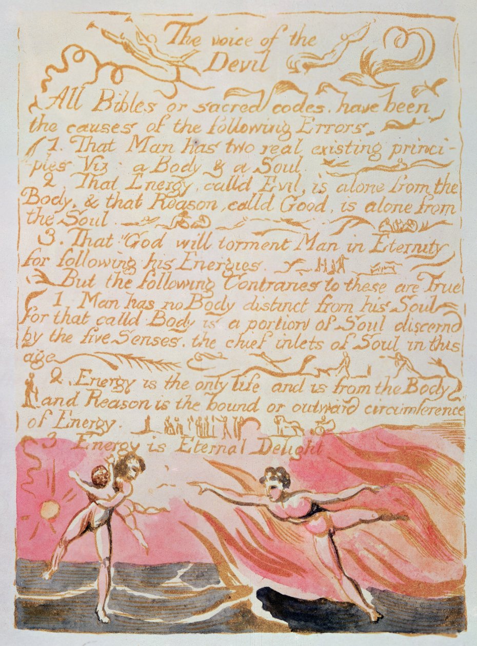 Himmelens och helvetets äktenskap; The Voice of the Devil, ca 1790 (reliefetsning tonad med akvarell) av William Blake