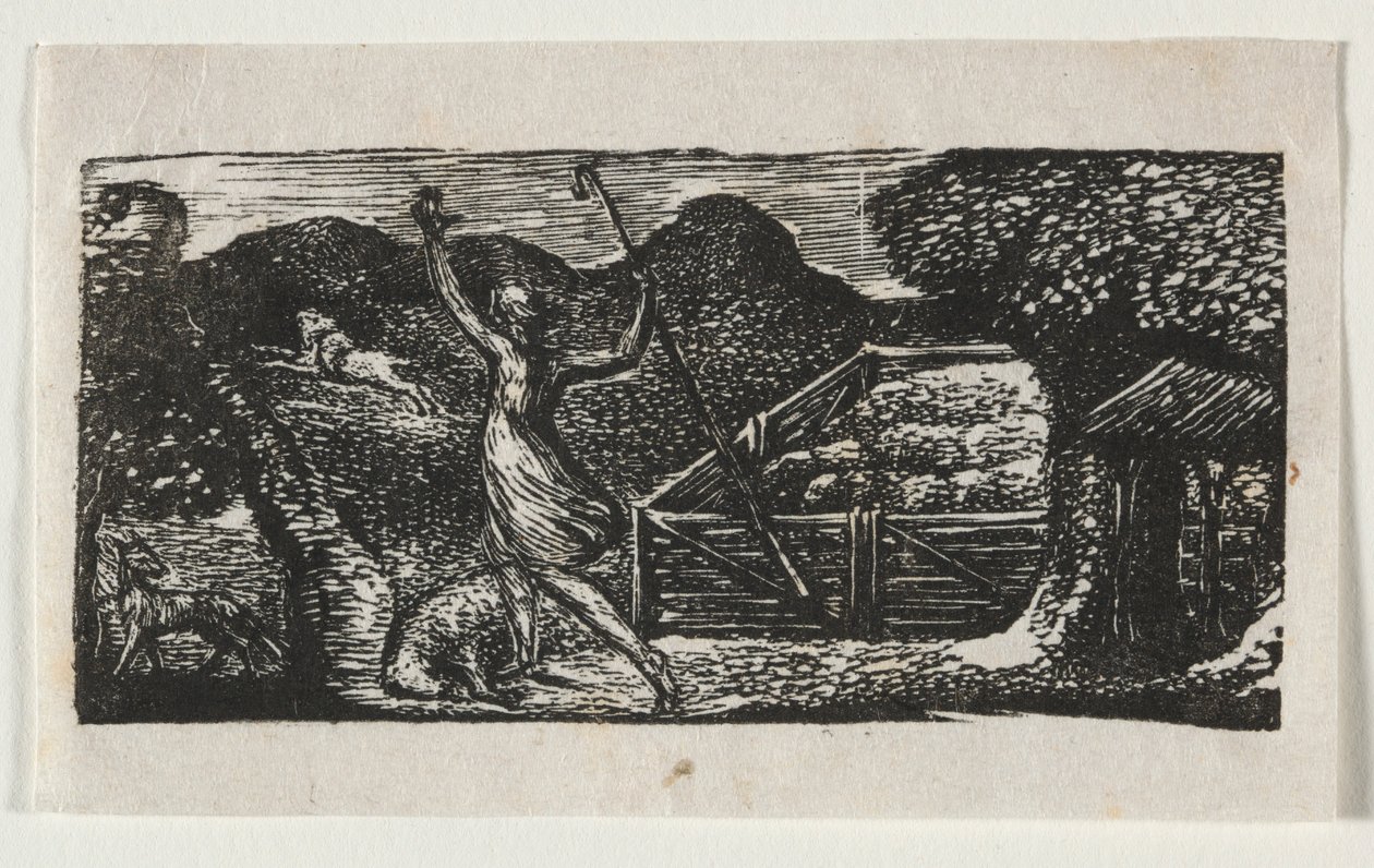 The Pastorals of Virgil, Eclogue I: The Shepherd jagar bort en varg, 1821. av William Blake
