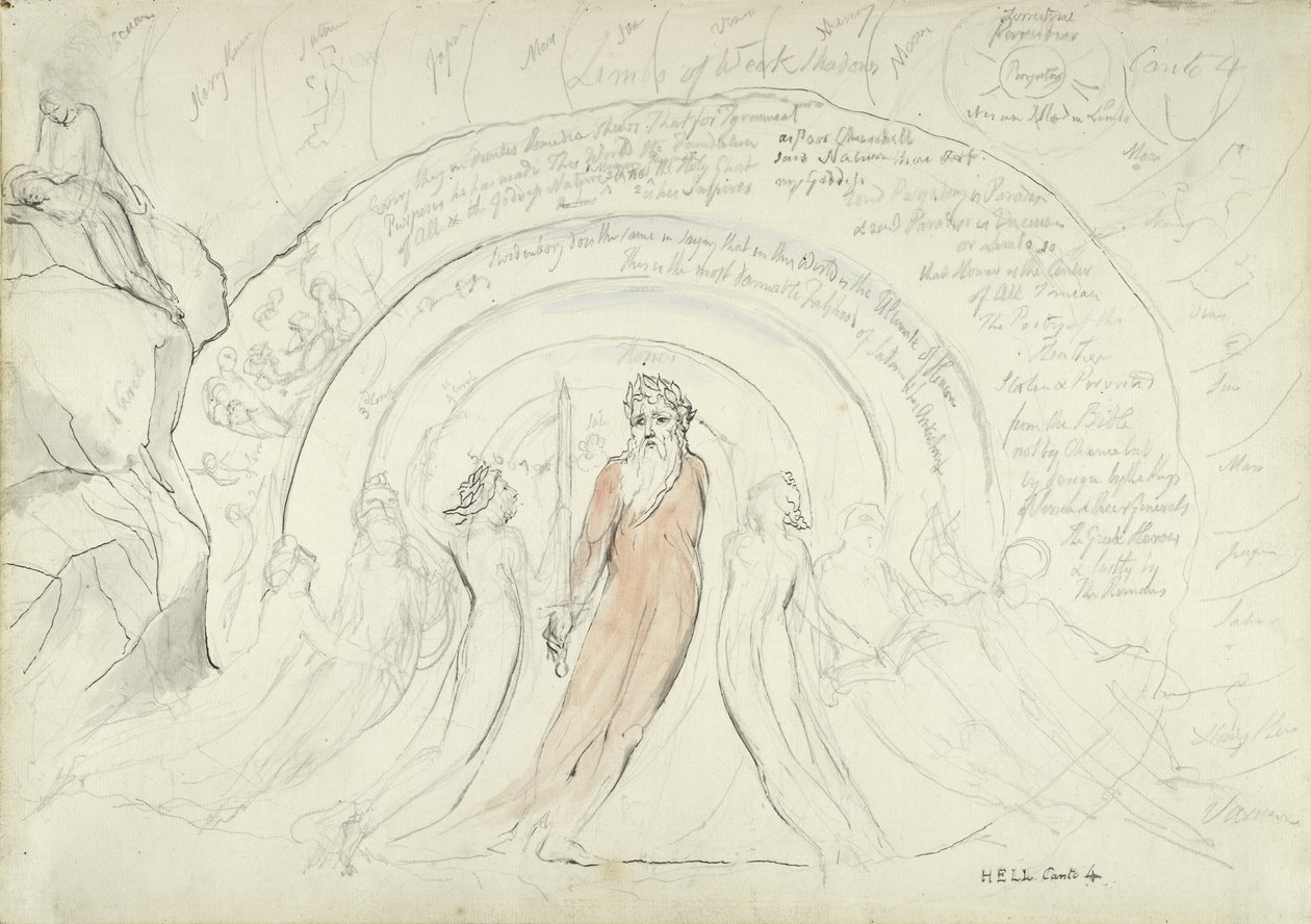 The Shades of Homer and other Poets of Antiquity, illustration till den gudomliga komedin av Dante Alighieri, 1824-27 (penna och bläck med wc över penna och krita på papper) av William Blake
