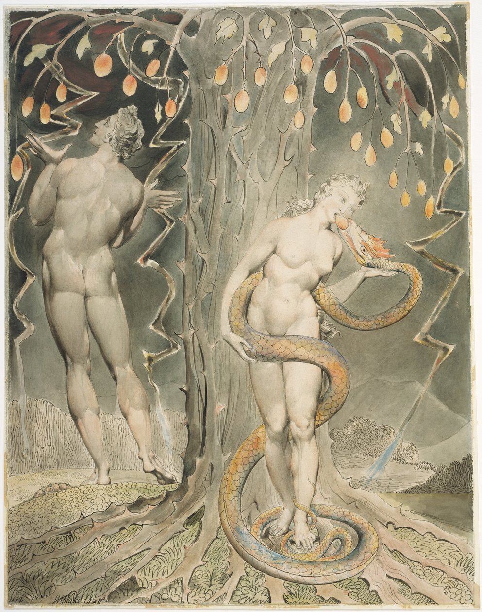 Evas frestelse och fall (Illustration till Miltons ”Paradise Lost”) av William Blake