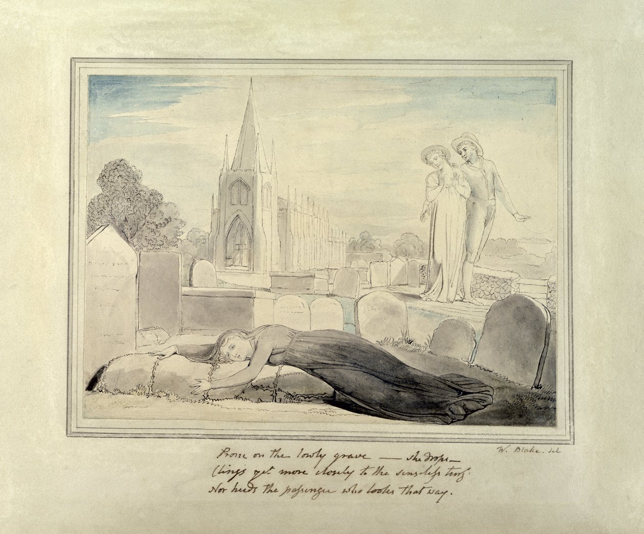 Änkan som omfamnar sin mans grav (penna och pensel och svart bläck och wc på papper) av William Blake