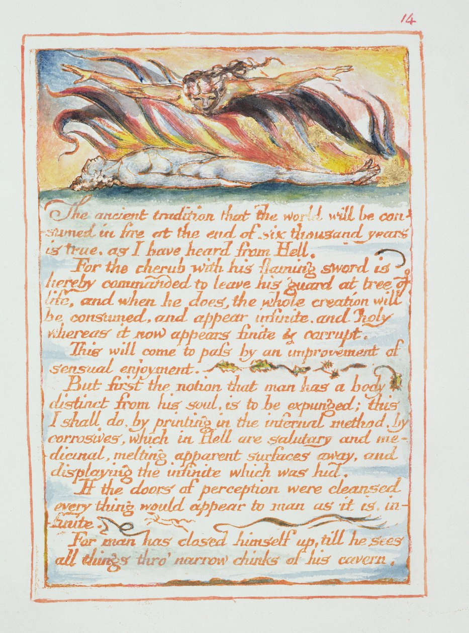 "Den gamla traditionen...", illustration och text ur "The Marriage of Heaven and Hell", ca 1790-3 (reliefetsning med penna och akvarell) av William Blake